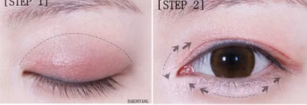 Bước 1:Tán phấn mắt màu hồng nâucó một chút nhũ lên toàn bộ bầu mắt. Bước 2:Tán phấn nhũ bạc ở đầu mắt và mí mắt dưới. Bước 1: Tán phấn mắt màu hồng phấn có một chút nhũ lên toàn bộ bầu mắt.