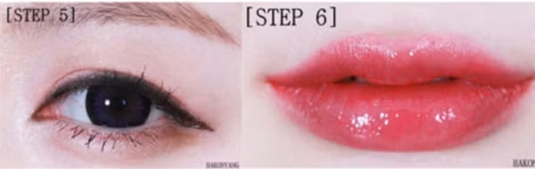 Bước 5:Chuốt mascara. Bước 6:Thoa son môi màu hồng đào rồi phủ một lớp son bóng nhẹ. Bước 5: Chuốt mascara.Bước 6: Thoa son môi màu hồng đào rồi phủ một lớp son bóng nhẹ.