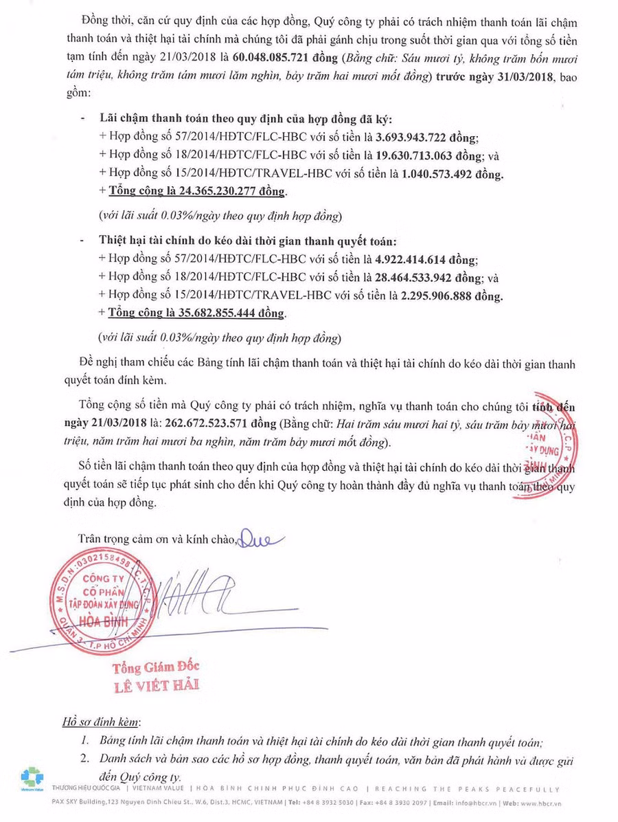 Công văn của Tập đoàn Hòa Bình gửi Tập đoàn FLC với nội dung yêu cầu thanh toán hơn 262 tỷ đồng. Công văn của Tập đoàn Hòa Bình gửi Tập đoàn FLC với nội dung yêu cầu thanh toán hơn 262 tỷ đồng.