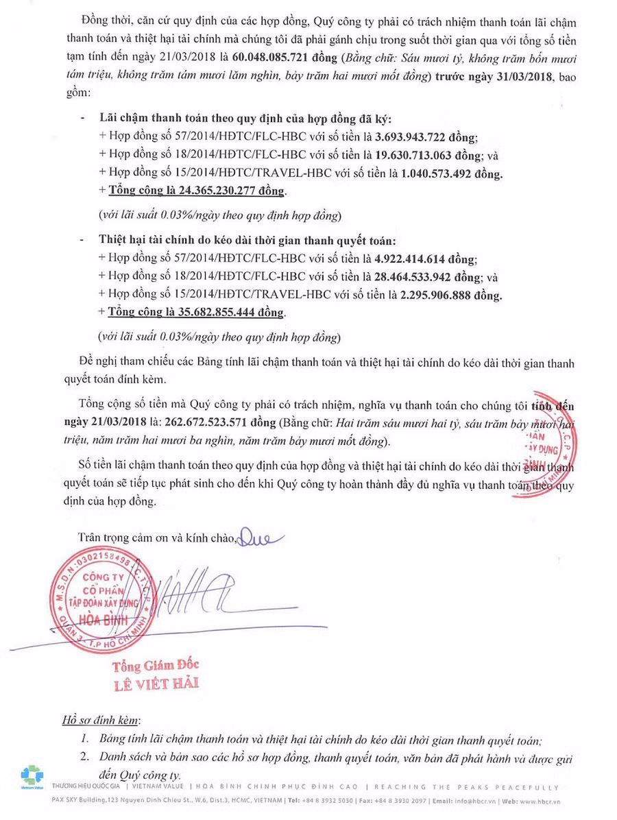 Công văn của Tập đoàn Hòa Bình gửi Tập đoàn FLC với nội dung yêu cầu thanh toán hơn 262 tỷ đồng. Ảnh: Tùng Dương.