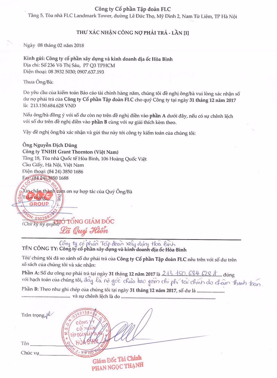 Thư xác nhận công nợ của Tập đoàn FLC đề nghị Tập đoàn Hòa Bình xác nhận cũng ghi rõ khoản nợ 213 tỷ đồng. Thư xác nhận công nợ của Tập đoàn FLC đề nghị Tập đoàn Hòa Bình xác nhận cũng ghi rõ khoản nợ 213 tỷ đồng.