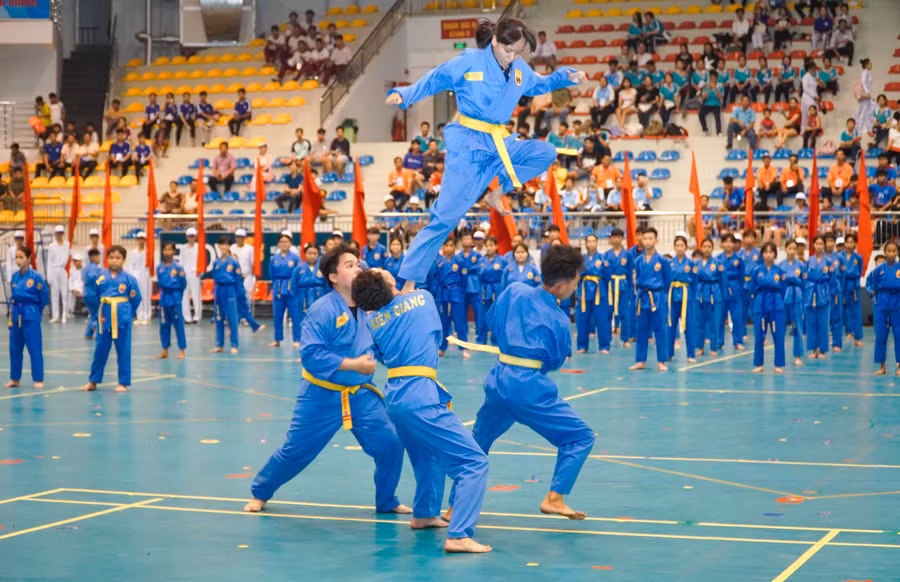 Biểu diễn võ thuật Vovinam gây ấn tượng cho người xem. Biểu diễn võ thuật Vovinam gây ấn tượng cho người xem.