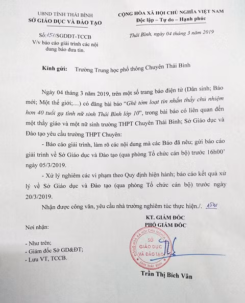 Văn bản Sở GD&ĐT Thái Bình đề nghị Trường THPT chuyên Thái Bình báo cáo giải trình