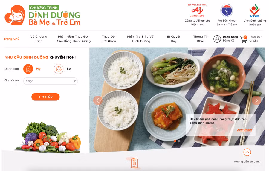 Giao diện phần mềm tại website dinhduongmevabe.com.vn.