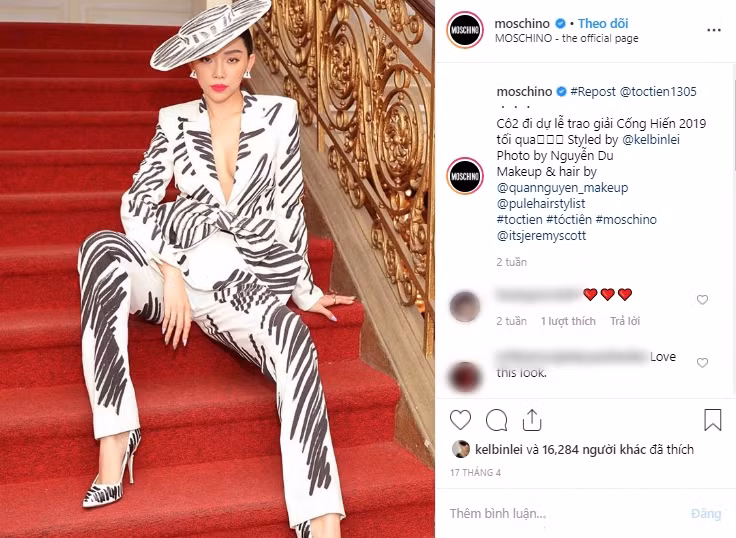 Trang chính thức của nhà mốt Moschino đăng ảnh Tóc Tiên “chất lừ”.