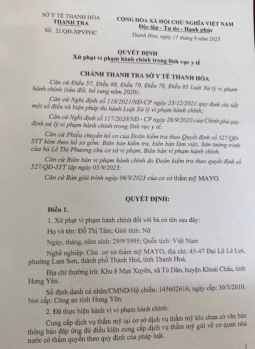 Quyết định xử phạt hành chính và đình chỉ hoạt động Viện thẩm mỹ Mayo Clinic Thanh Hoá. (Ảnh: NT)