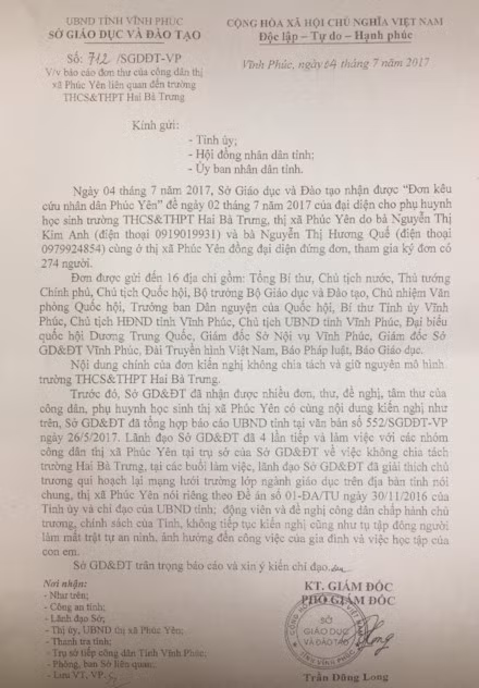 Công văn của Sở GD&ĐT gửi UBND tỉnh về việc báo cáo đơn thư của công dân thị xã Phúc Yên liên quan đến trường THCS&THPT Hai Bà Trưng ngày 4.7 “Xóa sổ” ngôi trường 25 tuổi: Sở GD&ĐT đề nghị tạm dừng, UBND tỉnh “ép” phải giải tán ảnh 3