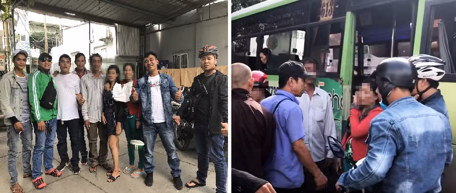 Đội hiệp sĩ giải cứu thành công bé gái, đưa nạn nhân và người thân ra xe bus để về quê.