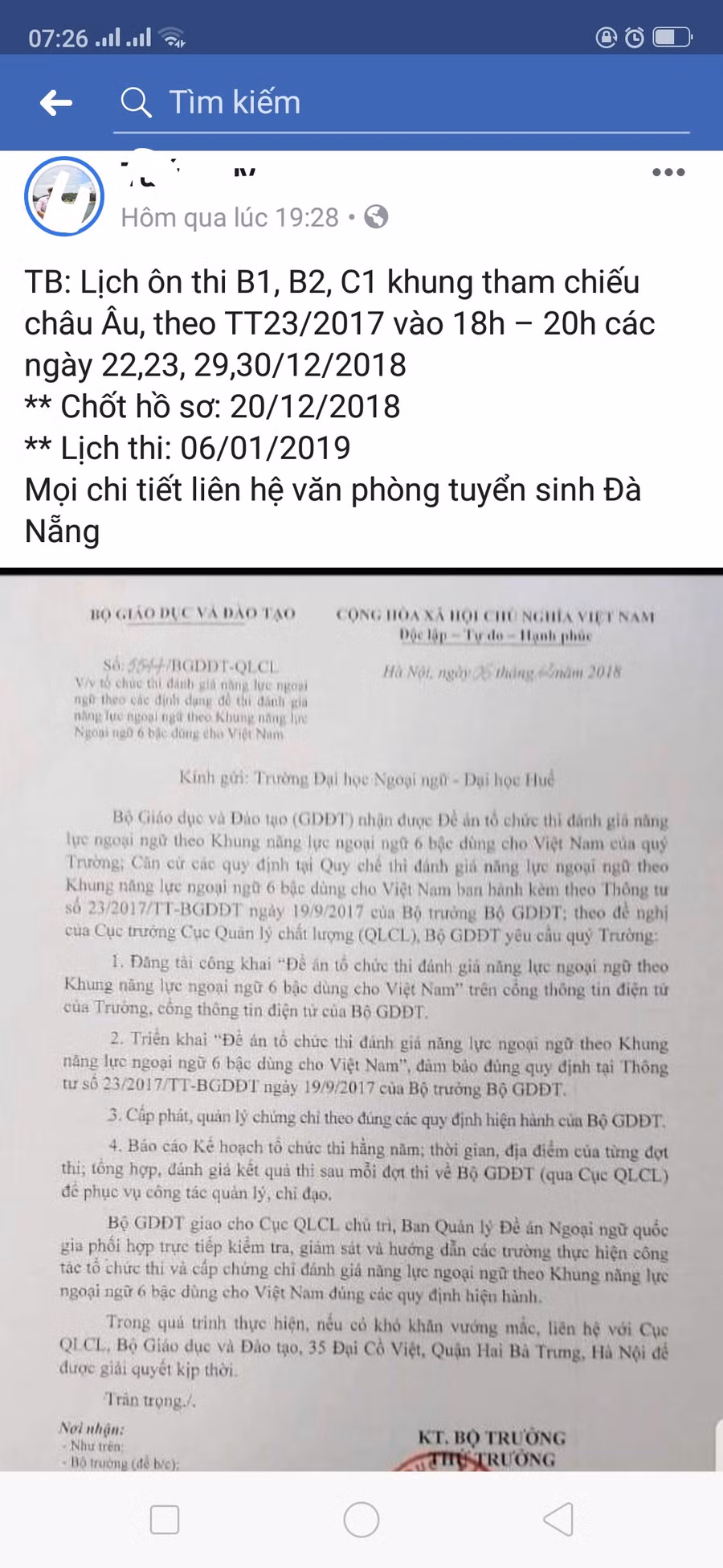 Một trang Facebook đăng tải văn bản của Bộ GD&ĐT và thông tin tổ chức ôn, thi đánh giá năng lực ngoại ngữ tại thành phố Đà Nẵng.