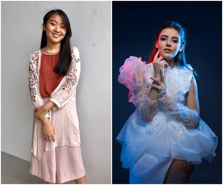 Ảnh trái: Nhà thiết kế sinh viên của Trường Thời trang và Thiết kế MDIS, Agata Maureen Ảnh phải: Người mẫu Singapore mặc một trong những thiết kế từ bộ sưu tập ở năm học đầu tiên của Maureen
