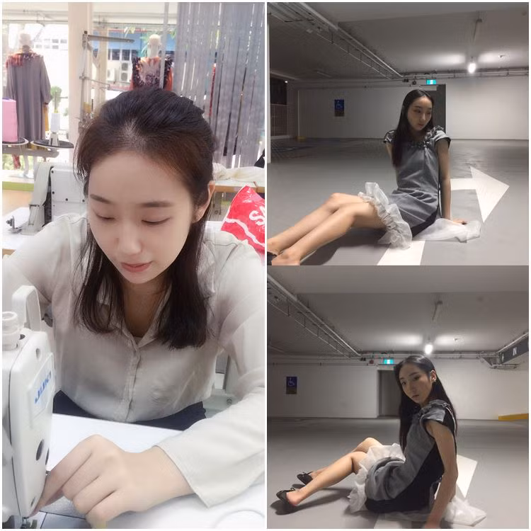 Ảnh trái: Lu Wenting tại studio thời trang của Trường Thời trang và Thiết kế MDIS Ảnh phải (trên và dưới): Wenting làm mẫu cho một trong những thiết kế trong bộ sưu tập ở năm học đầu tiên của cô