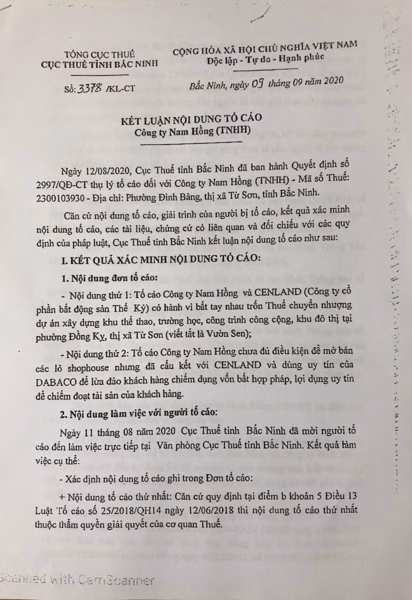 Kết luận của Cục Thuế tỉnh Bắc Ninh về nội dung tố cáo Công ty Nam Hồng “bắt tay” CenLand trốn thuế.