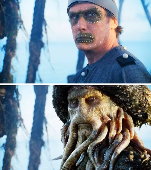Davy Jones đời thực và trong phim Cướp biển vùng Caribbean.