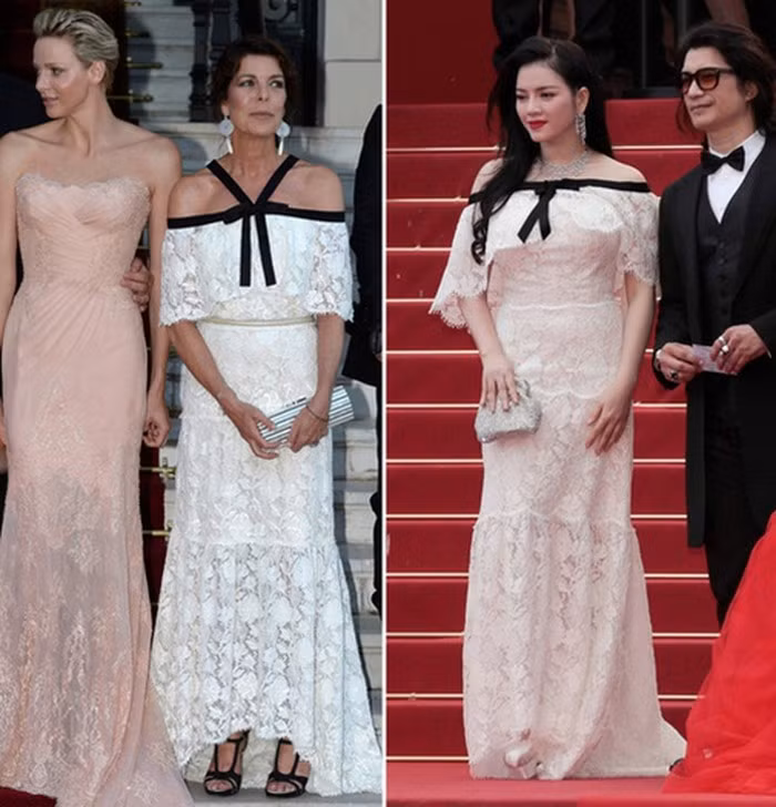 Làn da nhăn nheo và bờ vai kém quyến rũ của Công chúa Monaco - Caroline đã khiến cô thua Lý Nhã Kỳ (phải) một bậc khi diện chiếc váy Chanel trắng sang trọng.