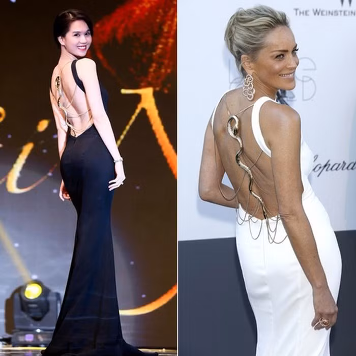 Ngọc Trinh đẹp "vượt trội" khi đụng hàng với diễn viên nổi tiếng Sharon Stone trong bộ đầm Roberto Cavalli. Làn da trắng mịn màng không tì vết của cô đã đánh bật tấm lưng nhăn nheo, loang lổ của người đẹp phương Tây.