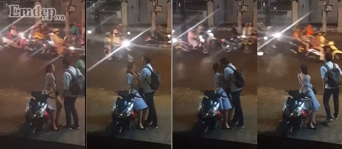 Nụ hôn vội vã giữa phố phường tấp nập đèn xe của đôi bạn trẻ trước lúc chia tay khiến nhiều người bất giác mỉm cười