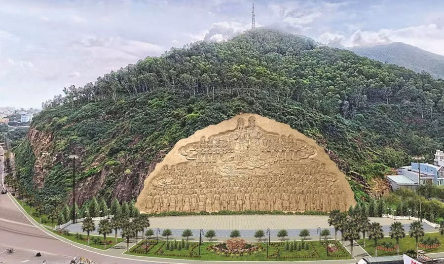 Bức phù điêu với chủ đề “Lạc Long Quân - Âu Cơ” dự kiến tạc trên vách núi
