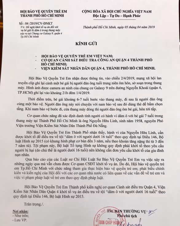Hội bảo vệ trẻ em kiến nghị khởi tố vụ dâm ô bé gái trong thang máy - Ảnh 1.