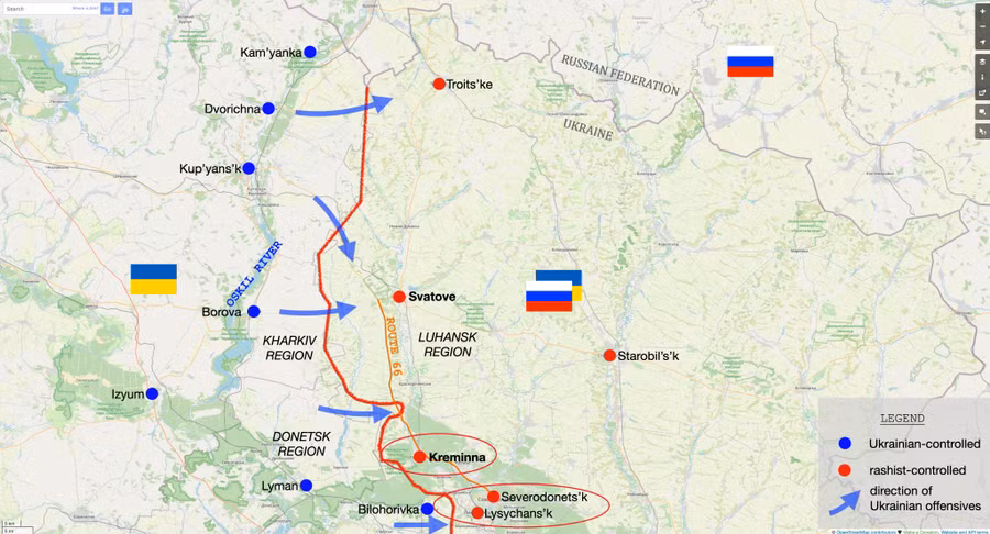 Ukraine đang cố gắng kiểm soát đường cao tốc R66, đánh chiếm Kreminna, áp sát Lysychansk và Sievierodonetsk Ukraine đang cố gắng kiểm soát đường cao tốc R66, đánh chiếm Kreminna, áp sát Lysychansk và Sievierodonetsk