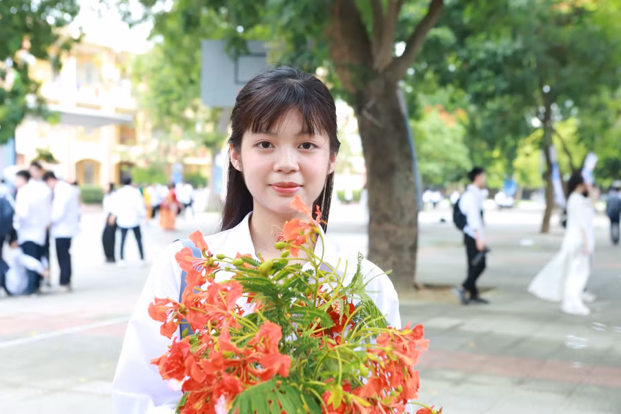 Vẻ đẹp tinh khôi của màu áo trắng hòa cùng sắc thắm của hoa phượng báo hiệu mùa thi đang đến. Vẻ đẹp tinh khôi của màu áo trắng hòa cùng sắc thắm của hoa phượng báo hiệu mùa thi đang đến.