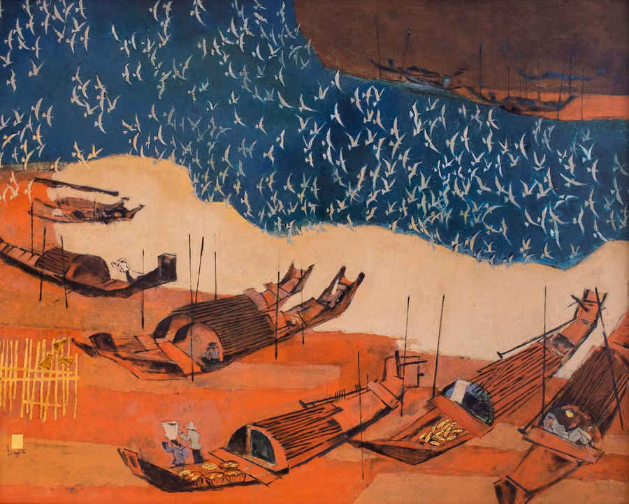 "Thuyền về bến" vẽ năm 2012 - 120x150cm Sơn mài. "Thuyền về bến" vẽ năm 2012 - 120x150cm Sơn mài.