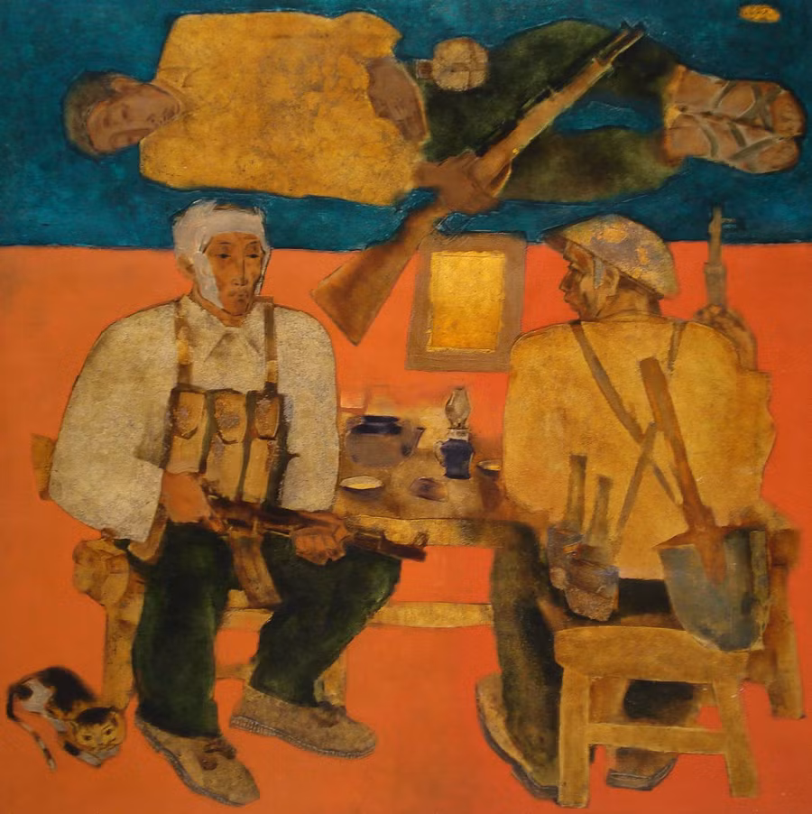 "Tổ ba người" vẽ năm 2001 - 120x120cm Sơn mài. "Tổ ba người" vẽ năm 2001 - 120x120cm Sơn mài.