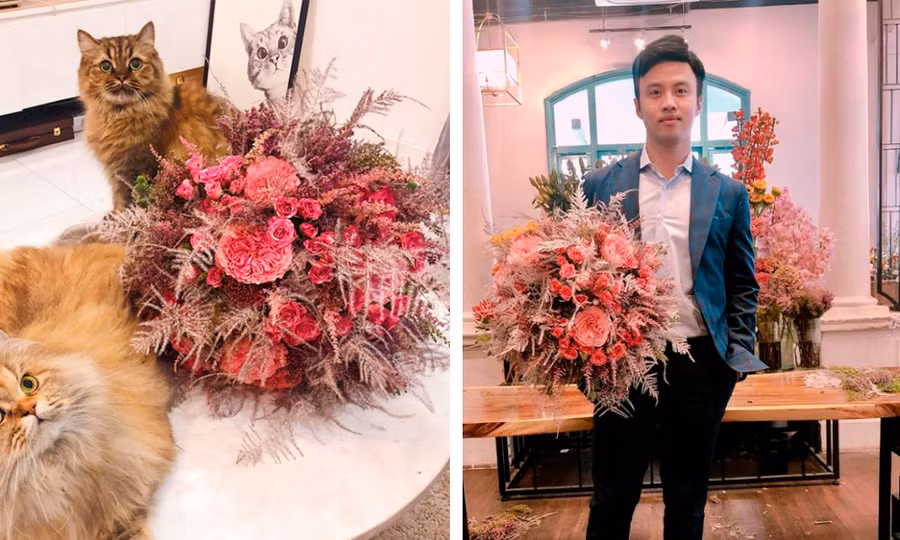 Hình ảnh bó hoa được nữ ca sĩ Bích Phương đăng tải trên trang cá nhân với caption: "May có 2 em mỗi lúc cảm thấy cuộc đời xuống dốc không phanh lại nhờ 2 em phanh lại được chút chút. Yêu 2 em”. Và thật trùng hợp, bó hoa mà Shark Khoa tự tay bó tặng trùng hợp với bó hoa ca sĩ Bích Phương đăng trước đó.