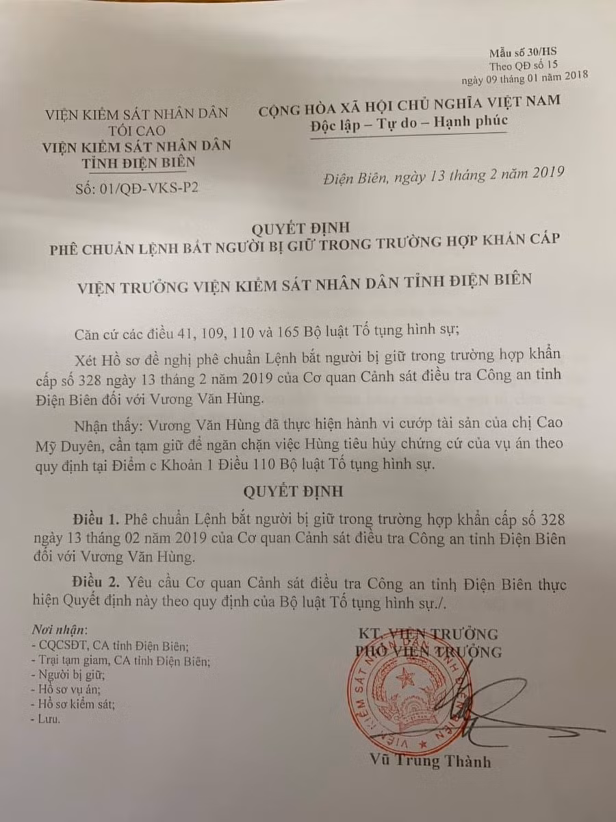Quyết định phê chuẩn lệnh bắt người bị giữ đối với Vương Văn Hùng
