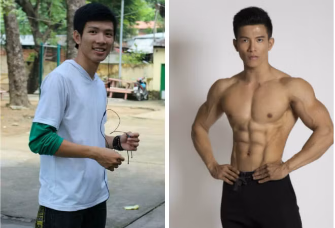 Lee thay đổi vóc dáng, từ gầy gò (trái) đến vạm vỡ (phải) sau nhiều năm tập luyện. Sự thay đổi vóc dáng sau nhiều năm tập luyện.