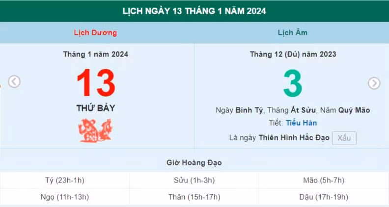 Lịch âm hôm nay - Xem lịch âm ngày 13/1