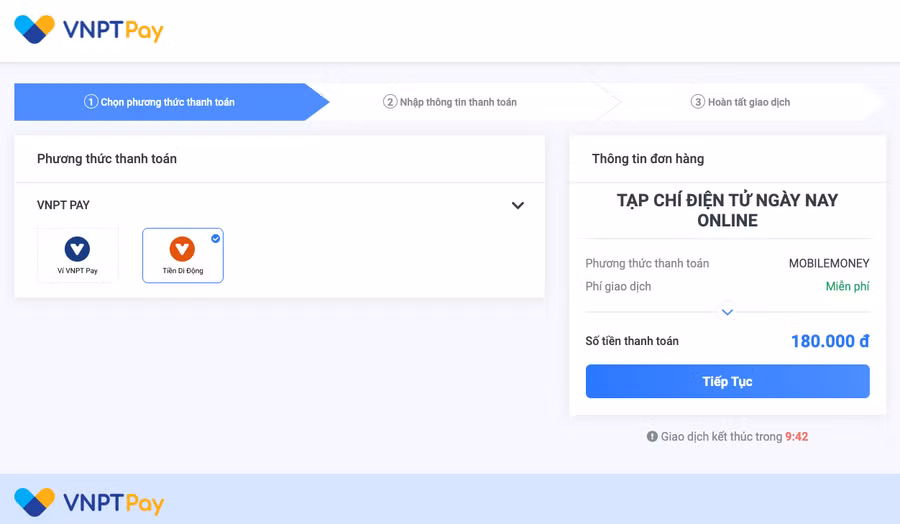 Giao diện thanh toán bằng Tiền Di Động thông qua Cổng thanh toán VNPT Pay trên Tạp chí Ngày Nay nền tảng website.