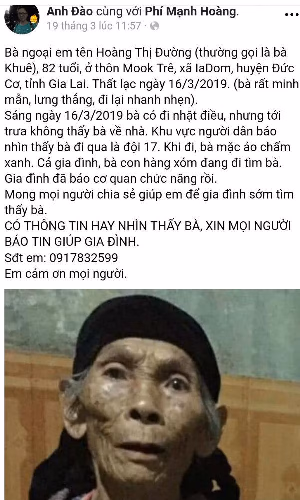Gia Lai: Cụ bà mang theo nhiều tiền vàng mất tích, tìm thấy xác cách 10km ảnh 1 Cụ bà mang theo nhiều tiền vàng mất tích, tìm thấy xác cách 10km