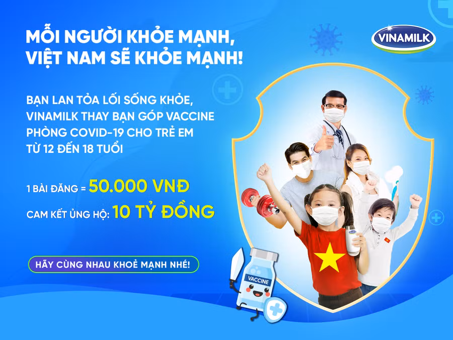 Qua mỗi bài đăng, Vinamilk sẽ góp 50.000 đồng, với ngân sách cam kết là 10 tỷ đồng dùng cho việc mua vaccine phòng COVID-19 cho trẻ em. Ảnh: VGP/Minh Thi