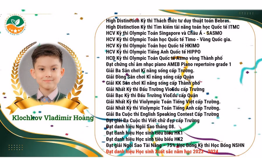 Những thành tích trong năm học 2023-2024 của Klochkov Vladimir Hoàng được Trường Liên cấp Tiểu học & Trung học cơ sở Ngôi Sao Hà Nội tổng hợp. Những thành tích trong năm học 2023-2024 của Klochkov Vladimir Hoàng được Trường Liên cấp Tiểu học & Trung học cơ sở Ngôi Sao Hà Nội tổng hợp.