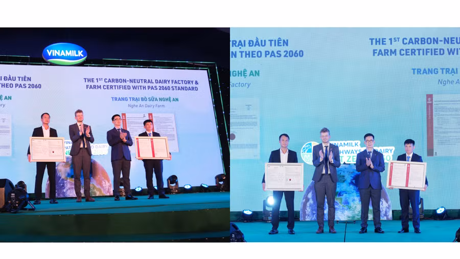 Đại diện các tổ chức quốc tế trao chứng nhận trung hòa carbon cho lãnh đạo nhà máy sữa và trang trại của Vinamilk tại Nghệ An. Đại diện các tổ chức quốc tế trao chứng nhận trung hòa carbon cho lãnh đạo nhà máy sữa và trang trại của Vinamilk tại Nghệ An.