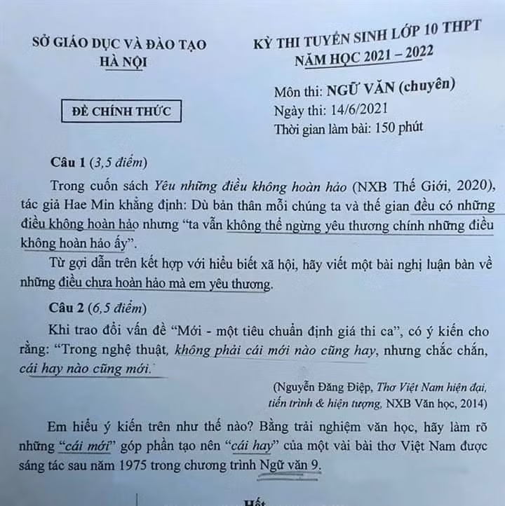 Đề thi vào lớp 10 chuyên Văn của Hà Nội năm học 2021 - 2022.