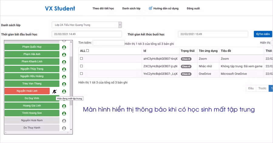 Màn hình hiển thị cảnh báo cho giáo viên biết khi có học sinh mất tập trung.