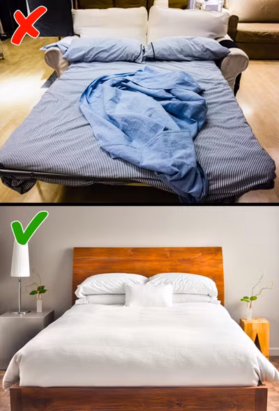 Sofa mở thành giường: Trừ khi nhà quá hẹp và có khách tới chơi thường xuyên, bạn mới nên lựa chọn những chiếc sofa giường. Trên thực tế, kiểu nội thất này thường có tuổi thọ ngắn hơn, thường phải bảo trì. Nếu bạn là người lười, chiếc giường sẽ ở nguyên trạng suốt cả ngày, chứ không được gập lại thành sofa gọn gàng như ban đầu.