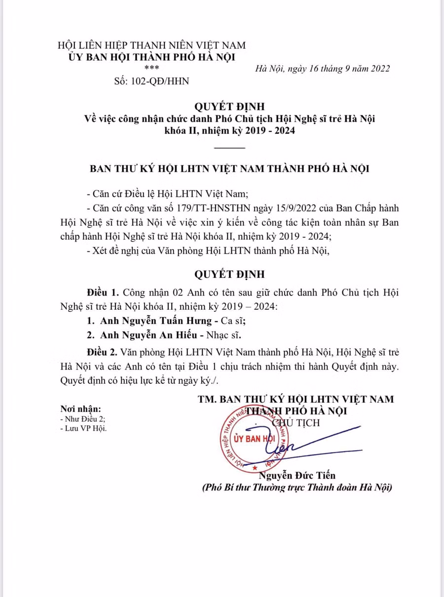 Quyết định công nhận chức danh Phó Chủ tịch Hội Nghệ sĩ trẻ Hà Nội.Ảnh FBNV