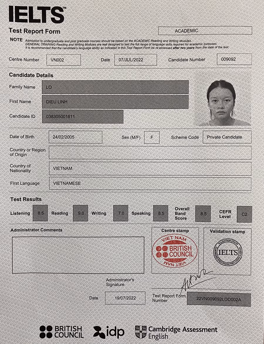 Chứng chỉ IELTS 8.5 của nữ sinh Lò Diệu Linh. Ảnh: LT. Chứng chỉ IELTS 8.5 của nữ sinh Lò Diệu Linh. Ảnh: LT.