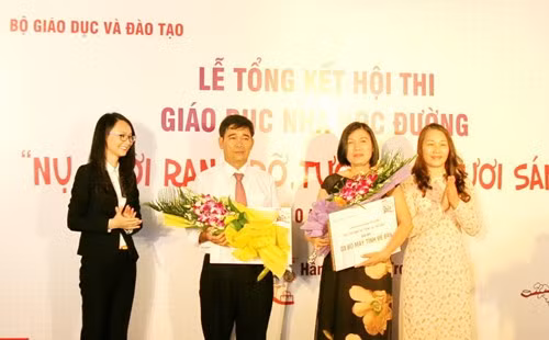 Bà Hà Thị Dung - Phó Vụ trưởng Vụ Công tác Học sinh Sinh viên - Bộ GD&ĐT (bìa phải) cùng đại diện nhãn hàng Colgate Palmolive trao quà cho đại diện hai trường đoạt giải Nhì Bà Hà Thị Dung - Phó Vụ trưởng Vụ Công tác Học sinh Sinh viên - Bộ GD&ĐT (bìa phải) cùng đại diện nhãn hàng Colgate Palmolive trao quà cho đại diện hai trường đoạt giải Nhì