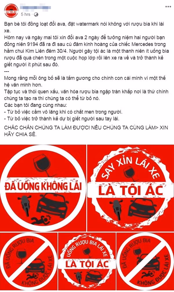 Bài đăng của chị Nga về trào lưu thay avatar phản đối rượu bia.