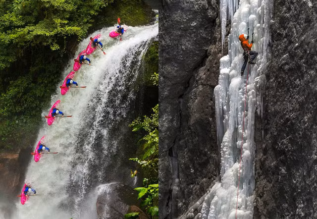  Ben Marr (ảnh trái), với khoảnh khắc chèo thuyền ở thác nước tại Vera Cruz, Mexico. Trong khi đó, một nhà leo núi chinh phục Spada Nella Roccia thuộc dãy núi Dolomites, Italia. Đây là một trong những chặng leo được đánh giá khó khăn nhất thế giới. 