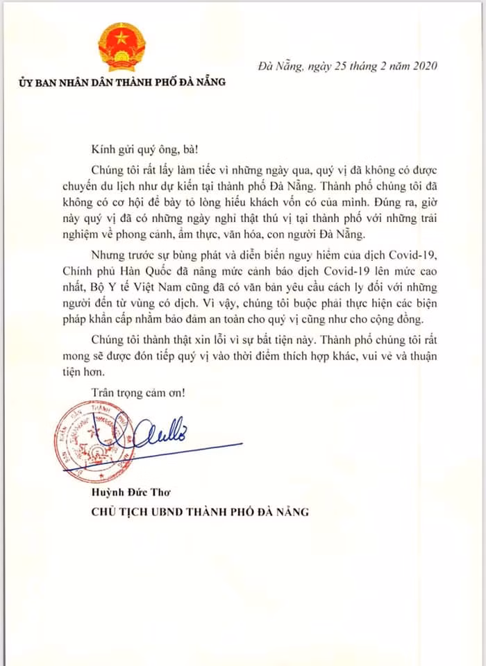 Chủ tịch UBND thành phố Đà Nẵng gửi thư bày tỏ đến những du khách Hàn Quốc. Chủ tịch UBND thành phố Đà Nẵng gửi thư bày tỏ đến những du khách Hàn Quốc.