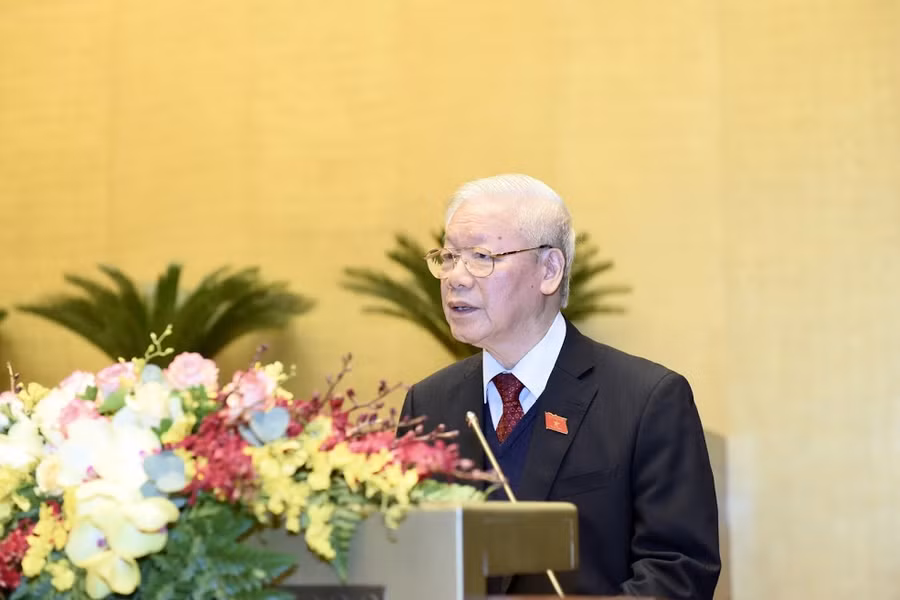 Tổng Bí thư, Chủ tịch nước Nguyễn Phú Trọng trình bày Báo cáo công tác của Chủ tịch nước nhiệm kỳ 2016-2021. Ảnh: Quốc Khánh.