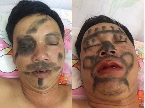 Chết cười cách vợ trị chồng say rượu ảnh 7 Lấy nhọ nồi bôi lên mặt chồng sao?