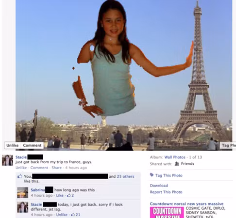 Cô gái nhờ cư dân mạng photoshop để có hình ảnh du lịch tại tháp Eiffel, Pháp. Và đây là một trong những kết quả.