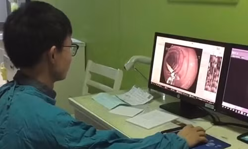 Bác sĩ tại bệnh viện thành phố Nam Xương, tỉnh Giang Tây, xem kết quả nội soi ổ bụng của bà Ye. Ảnh: Pear