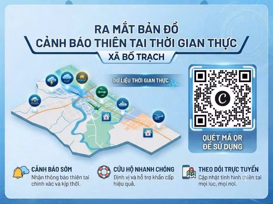 Người dân có thể truy cập Bản đồ cảnh báo thiên tai thời gian thực xã Bố Trạch theo đường link hoặc quét mã QR.