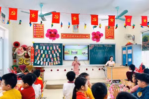Tiết học kết nối liên trường - khám phá quê hương do giáo viên Trường Tiểu học Thành Vinh 4 (Thành Vinh, Nghệ An) triển khai. Ảnh: NTCC